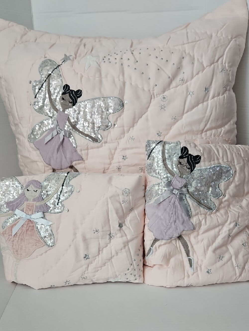 Pottery Barn Kids Celeste Fairy Pink Quilted Silver Sequin Euro Standard Shams